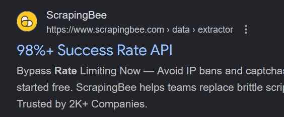 ScrapingBee search result advertising a 98%+ success rate API