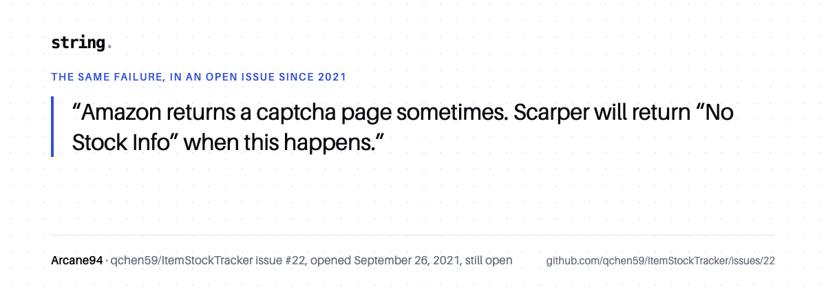 ItemStockTracker issue 22: Amazon returns a captcha page sometimes, and the scraper records No Stock Info